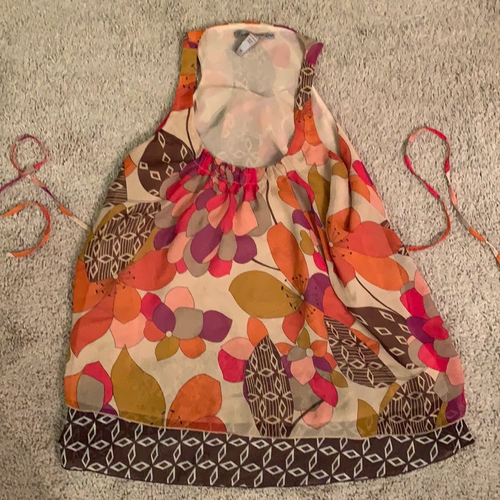 Colorful 60s and 70s retro Hippie flowing flower child top with tie in back